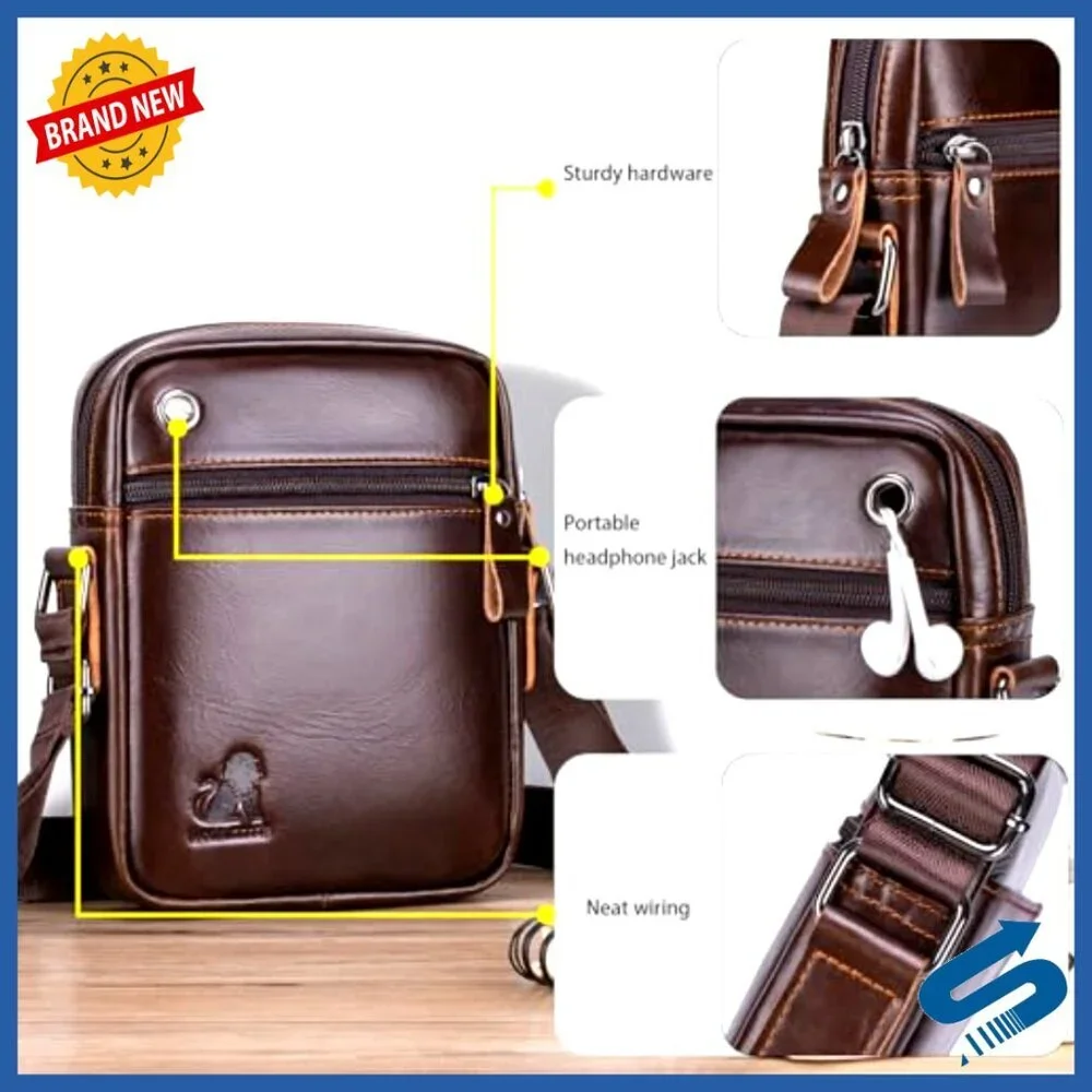 Genuine Leather Men's Shoulder Bag Crossbody Adjustable Strap Multiple Pockets
